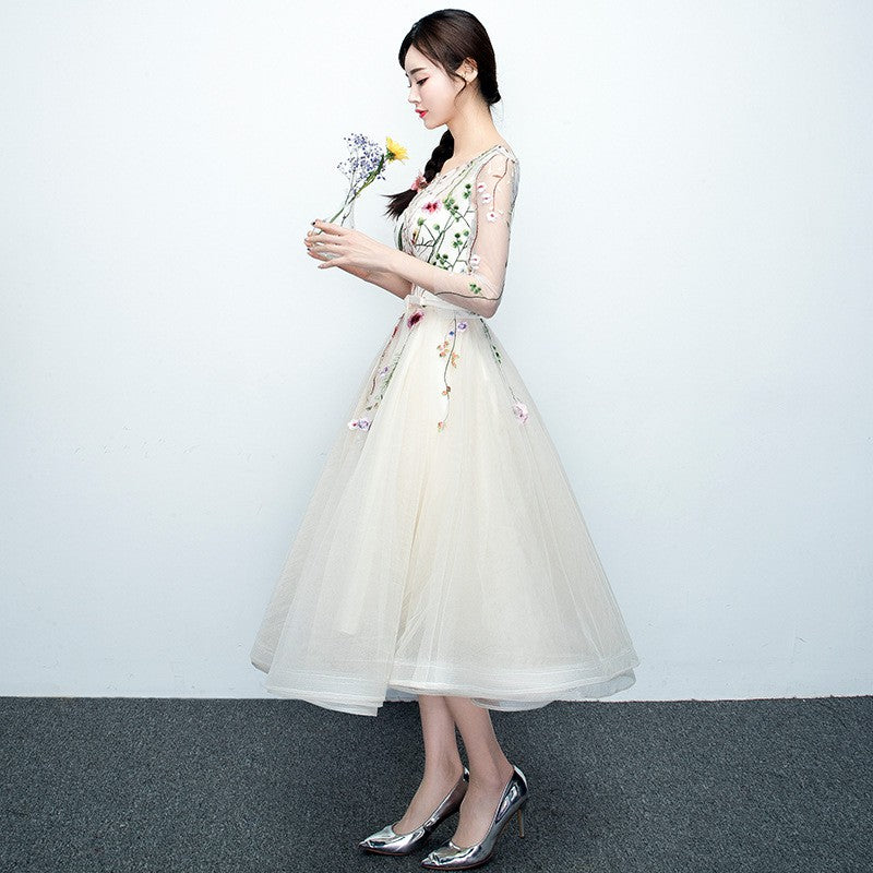 Light Champagne Tea Length Floral Lace Formal Dress Bridesmaid Dress, Cute Short Party Dresses
