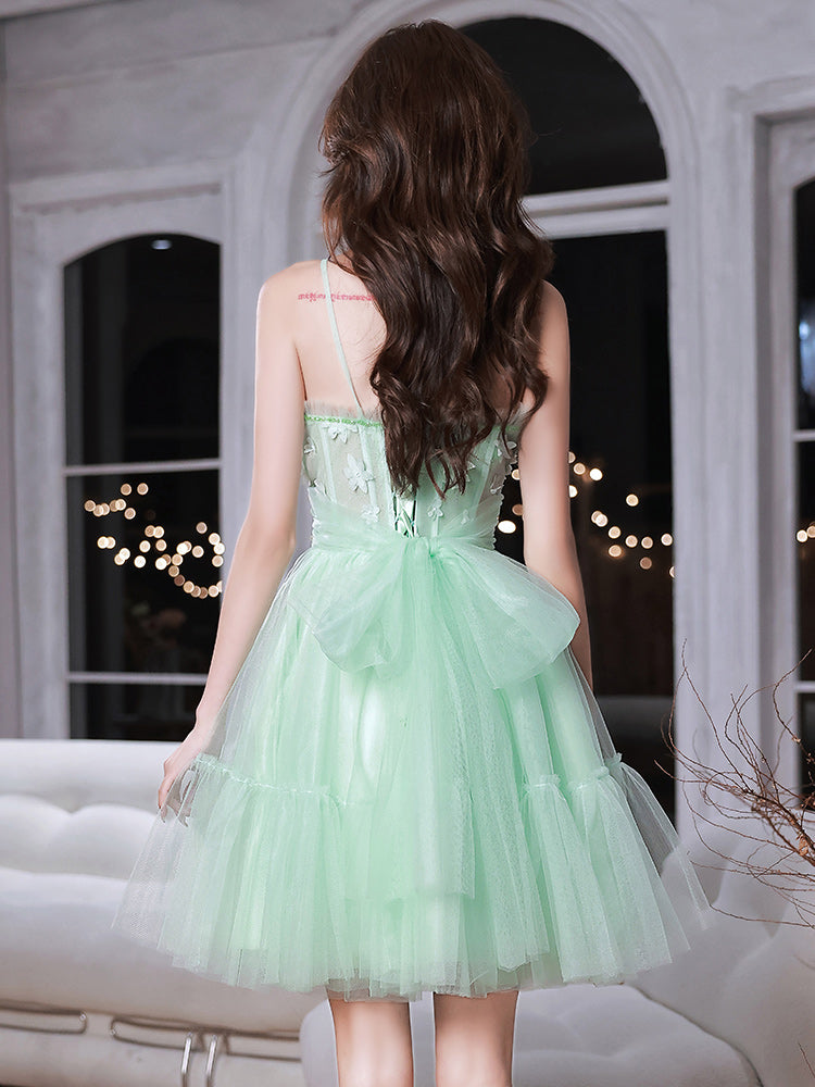 Light Green Sweetheart Tulle Beaded Straps Homecoming Dress, Green Prom Dress