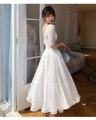 White Lace Short Sleeves Tea Length Wedding Party Dress, White Graduation Dresses