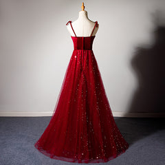 Charming Dark Red Tulle with Velvet Long Straps Party Dress, Bridesmaid Dress