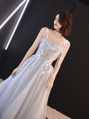Lovely Grey Long Party Dress with Lace, Straps Wedding Party Dress