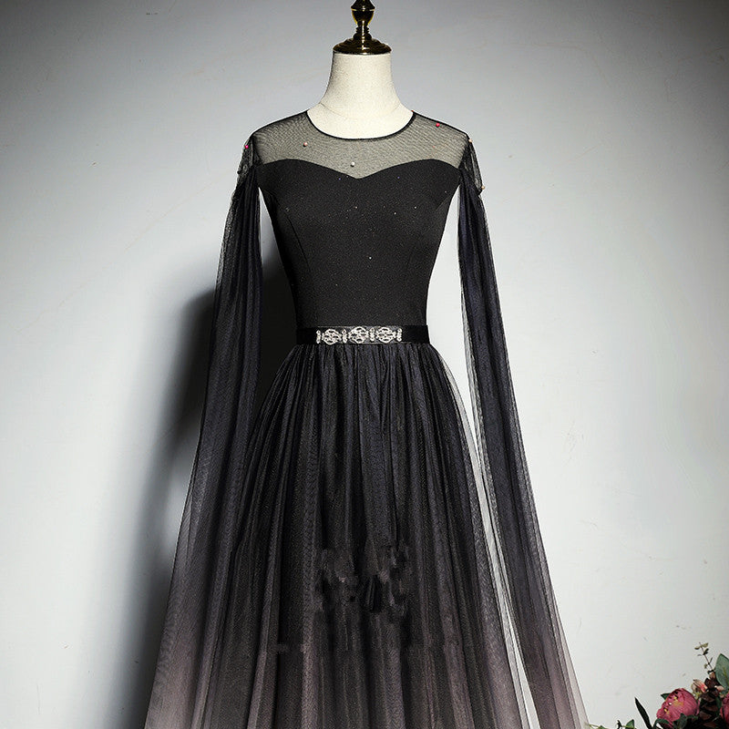 Black Gradient Round Neckline Tulle Long Formal Dress, Black Evening Gown Party Dress