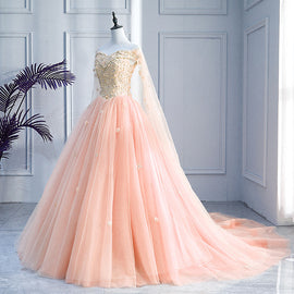 Pink Off Shoulder Tulle with Flowers Ball Gown Sweet 16 Dress, Pink Quinceanera Dress