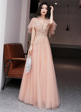 Pink V-neckline Tulle with Lace Applique Long Prom Dress, Pink A-line Party Dress