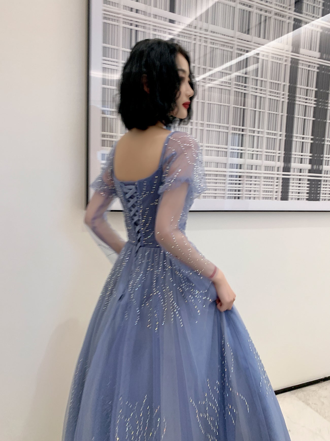 gorgeous blue prom dresses Blue Off Shoulder Flower Appliques A-line Long Modest Beautiful Prom Dresses TP0176-Tirdresses US18 / As Picture