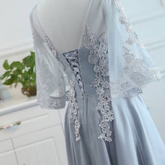 Lovely Tulle Grey Tea Length Party Dress with Lace, Short Formal Dress Prom Dress