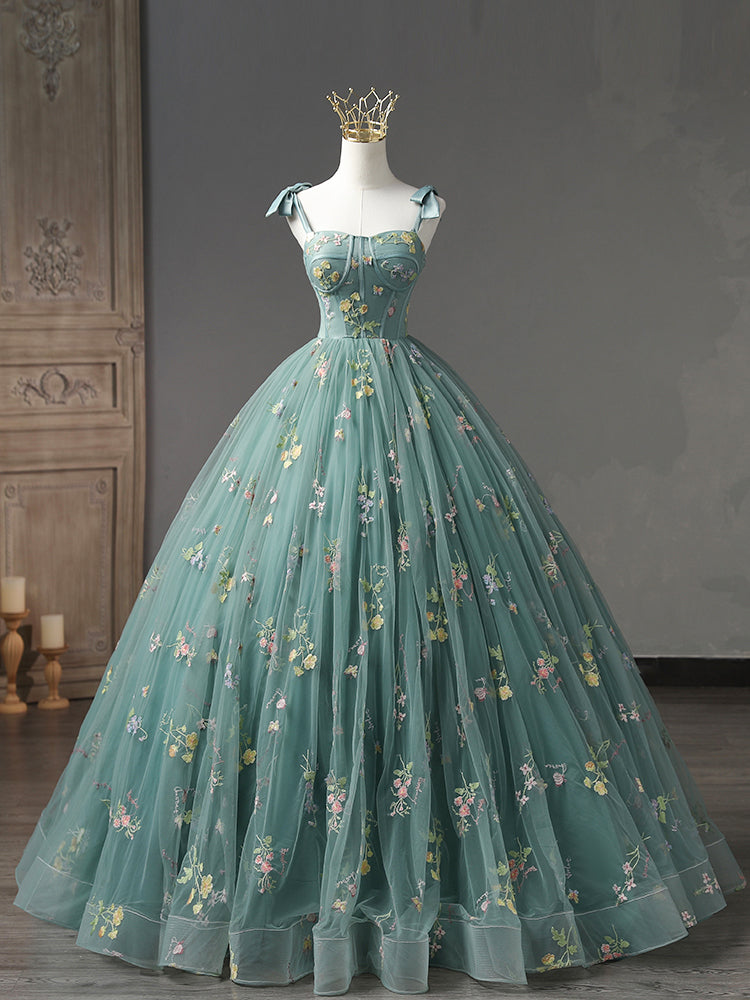 Dark Green Off Shoulder Tulle Long Party Dress, Sweet 16 Dress