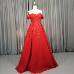 Beautiful Red Tulle Sweetheart Long Lace Applique Party Dress, Floor Length Prom Dress