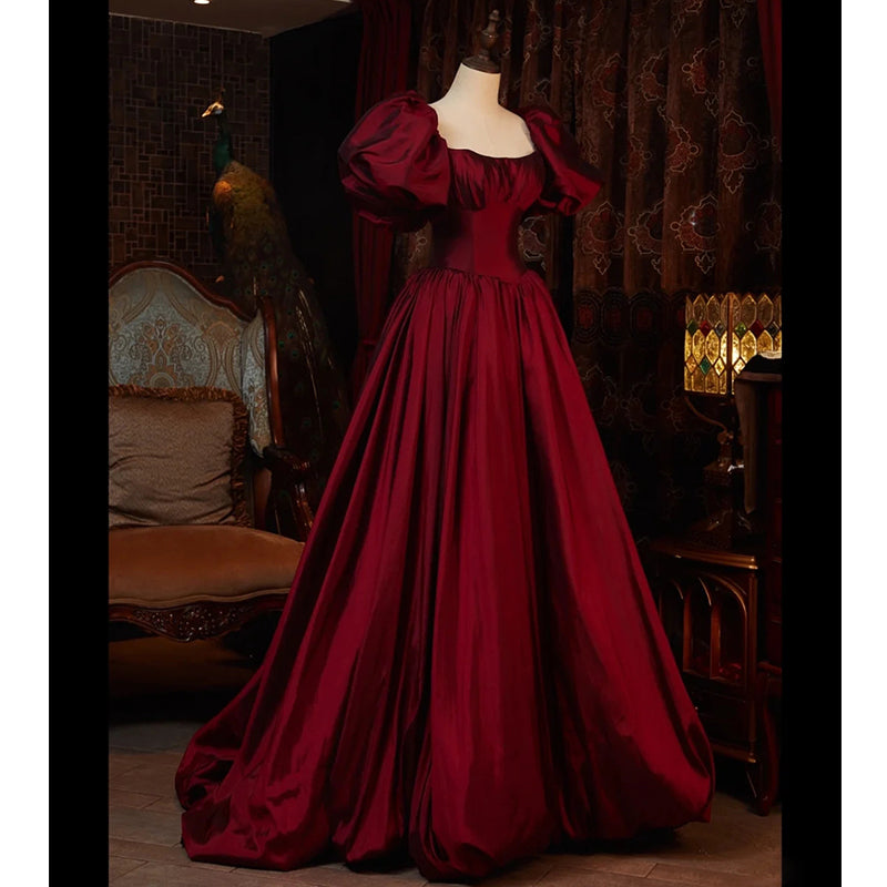 Wine Red Short Sleeves Floor Length Long Evening Dresses, Ball Gown Fo ...