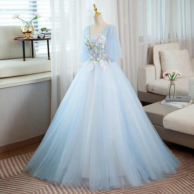 Light Blue V-neckline Long Puffy Sleeves Party Dress, Blue Evening Gown