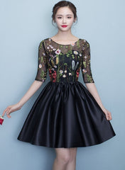 Black Floral Lace Short Sleeves Homeocming Dress, Back Party Dress Wedding Party Dress