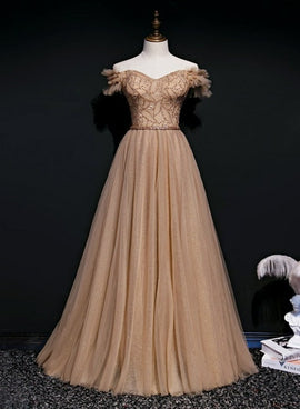 Lovely Champagne Beaded Long Tulle Prom Party Dress, Off Shoulder Formal Dresses