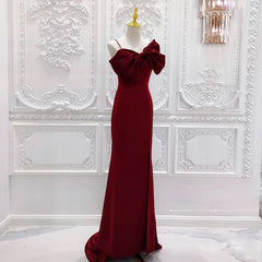 Wine Red Mermaid Evening Gown with Leg Slit, Straps Long Prom Dresses