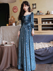 Blue Velvet Prom Dress A-line Evening Dress,Long Sleeves Prom Party Dresses
