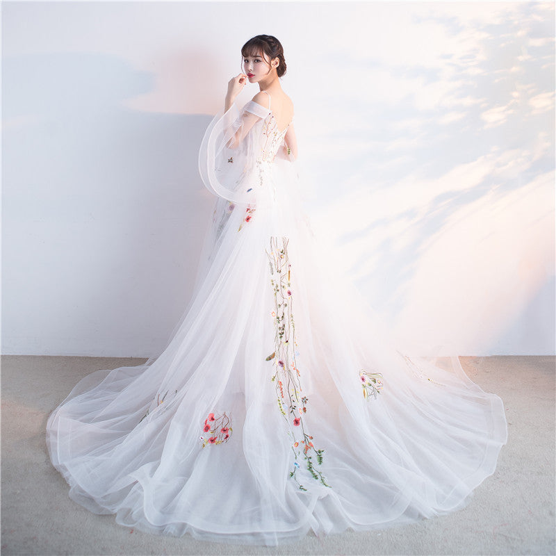 Beautiful White Tulle Long Party Dress with Flower Lace Applique, Whit – Cutedressy Beautiful White Tulle Long Party Dress with Flower Lace Applique, Whit – Cutedressy