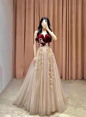 Elegant Tulle with Velvet Long Straps Long Evening Gown, A-line Tulle Prom Dresses