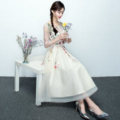 Light Champagne Tea Length Floral Lace Formal Dress Bridesmaid Dress, Cute Short Party Dresses