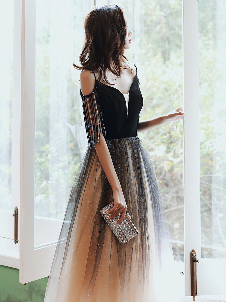 Black V-neckline Tulle Gradient A-line Prom Dress, Black Floor Length Party Dress Evening Dress