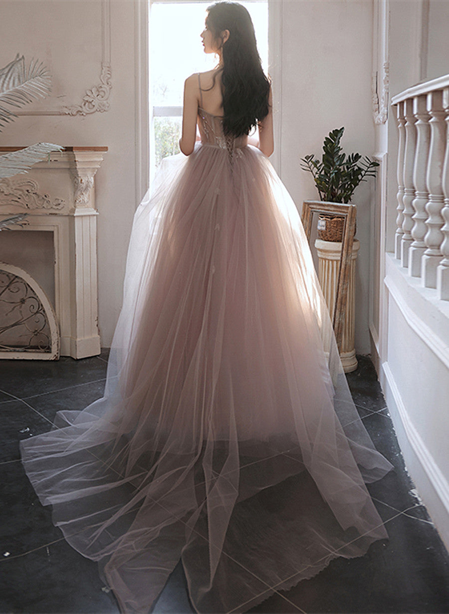 Pink Tulle Straps Long Formal Dress, Dark Pink A-line Prom Dress