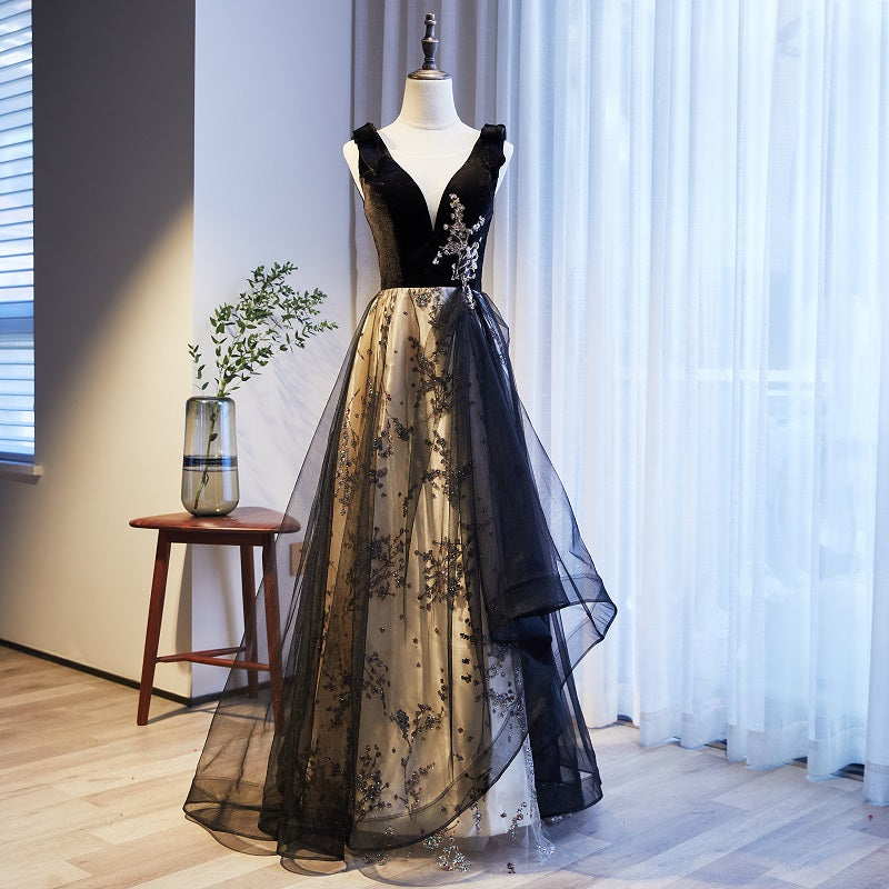 Black V-neckline Velvet and Tulle New Style Prom Dress, Black Party Dress Evening Dresss