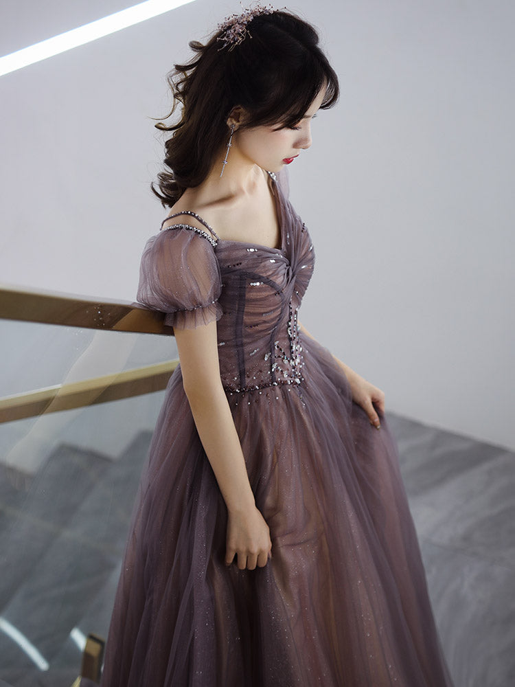 Beautiful Long Tulle Short Sleeves Beaded Junior Prom Dress, A-line Ev Cutedressy Beautiful Long Tulle Short Sleeves Beaded Junior Prom Dress, A-line Ev Cutedressy