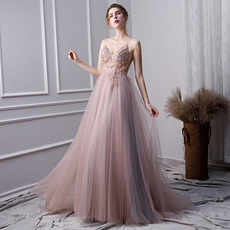 Pink Beaded High Slit Tulle V-neckline Long Party Dress, A-line Tulle Cutedressy Pink Beaded High Slit Tulle V-neckline Long Party Dress, A-line Tulle Cutedressy