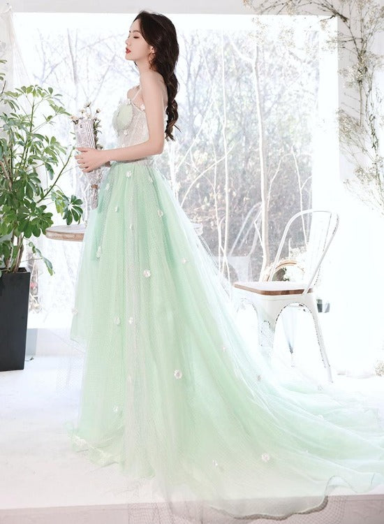 Light Mint Green Flowers Beautiful Long Tulle Party Dress, Light Green Formal Dress Evening Dress