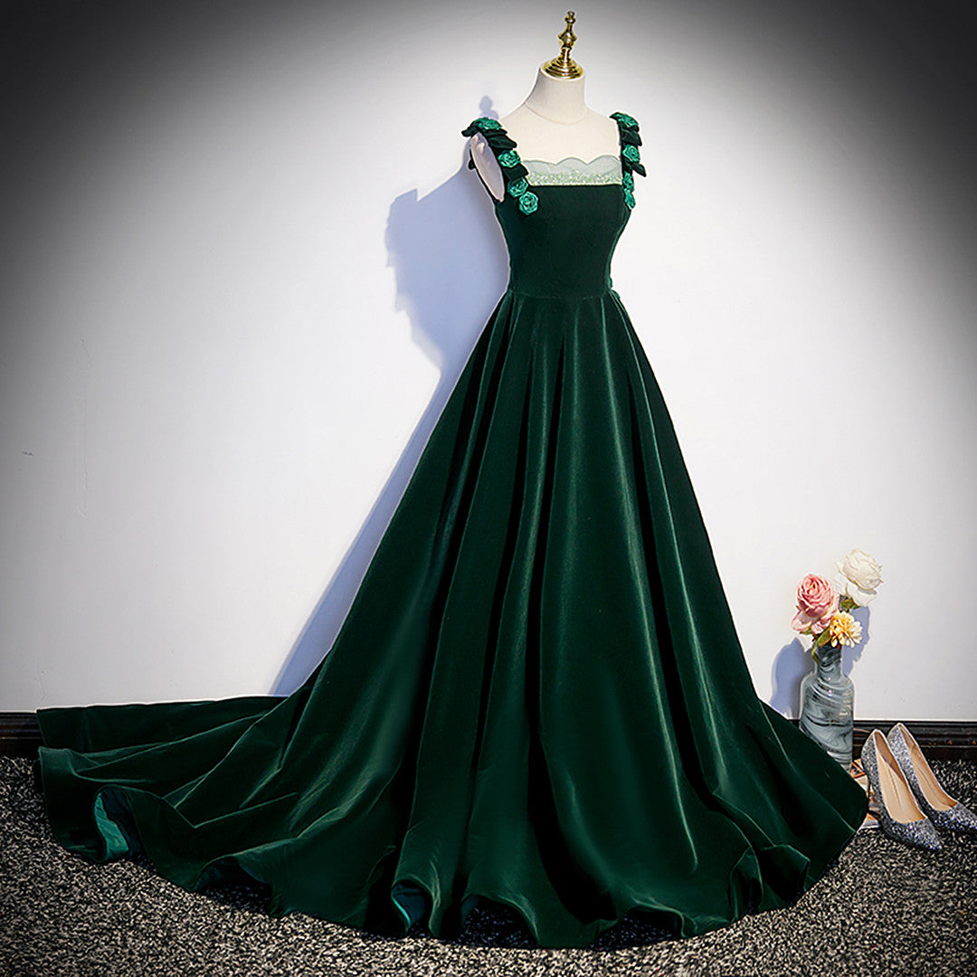 Dark Green Velvet Straps Long Formal Dress with Flowers, Green Evening Cutedressy Dark Green Velvet Straps Long Formal Dress with Flowers, Green Evening Cutedressy