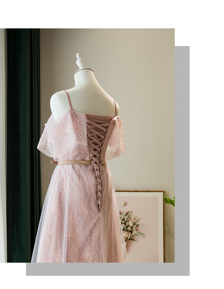 Pink Lace Straps Short Bridesmaid Dress, Lace Short Prom Dress, Homecoming Dress