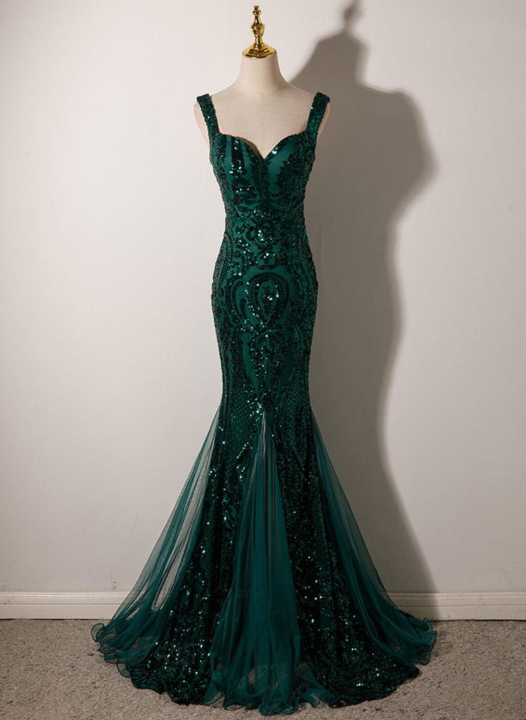 Dark Green Mermaid Tulle with Sequins Straps Party Dress, Mermaid Long ...