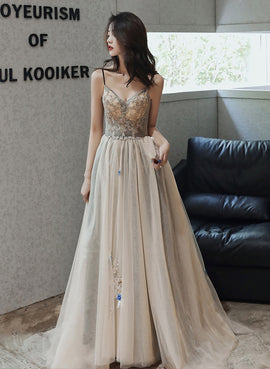 Champagne Sweetheart Beaded and Lace Long Party Dress, A-line Champagne Prom Dress