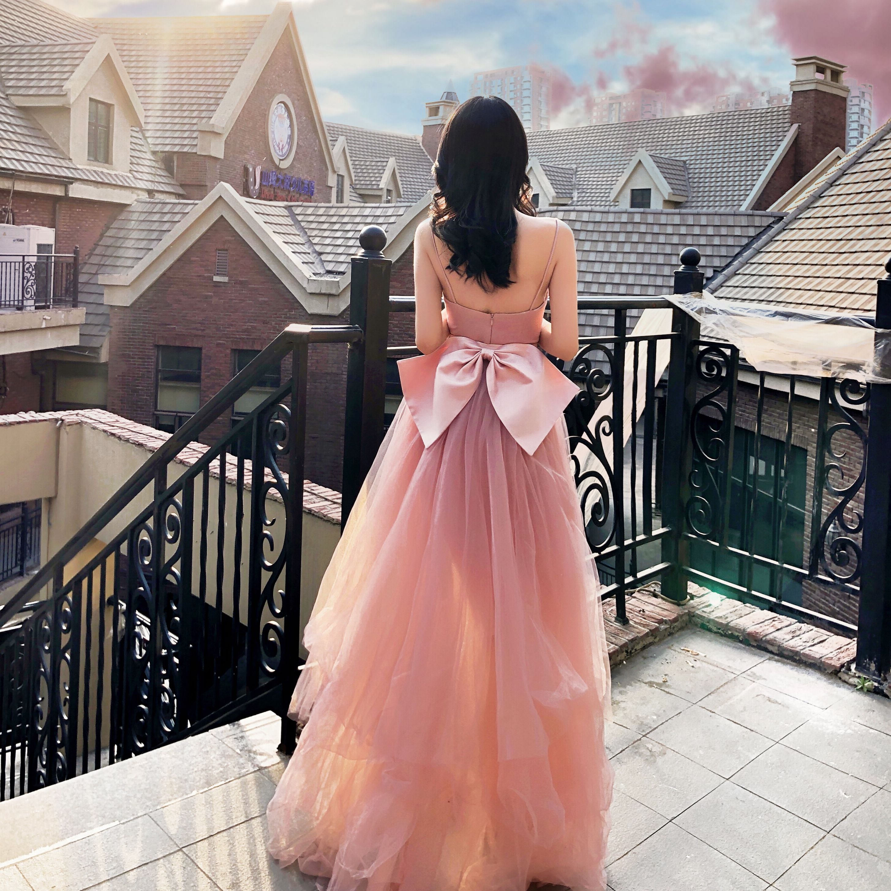 Pink Tulle Long Formal Dress Party Dress, Pink Tulle and Satin Prom Dress