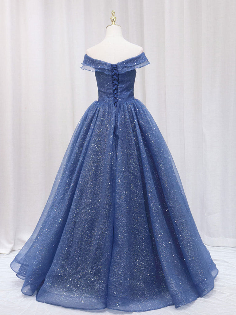 Modest Blue Off Shoulder Sheath Satin Long Party Dress, DP4179