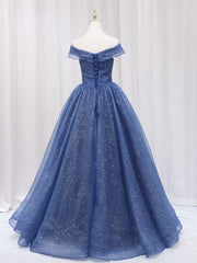 Blue Off Shoulder Sweetheart Long Party Dress, A-line Blue Formal Dress
