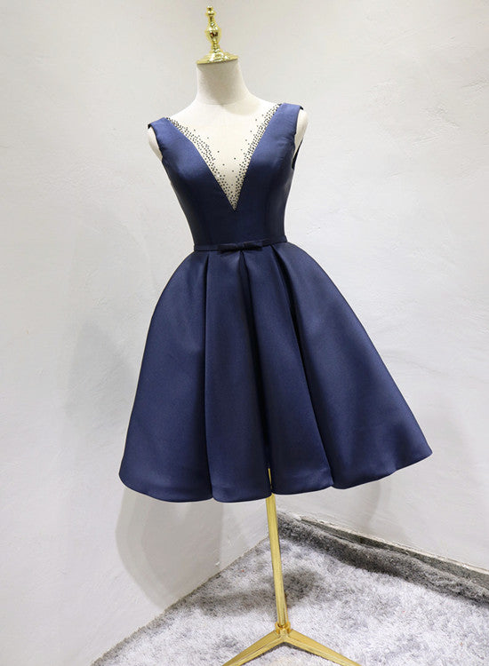 Elegant Beaded V-neckline Satin Navy Blue Dress, Short Bridesmaid Dres – Cutedressy