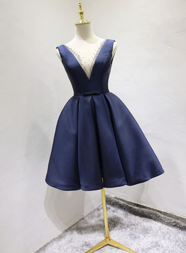 Elegant Beaded V-neckline Satin Navy Blue Dress, Short Bridesmaid Dress