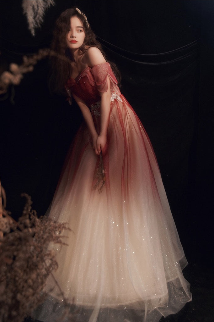 Red Tulle Beaded Off the Shoulder Long Party Gown, Red Formal Dresses