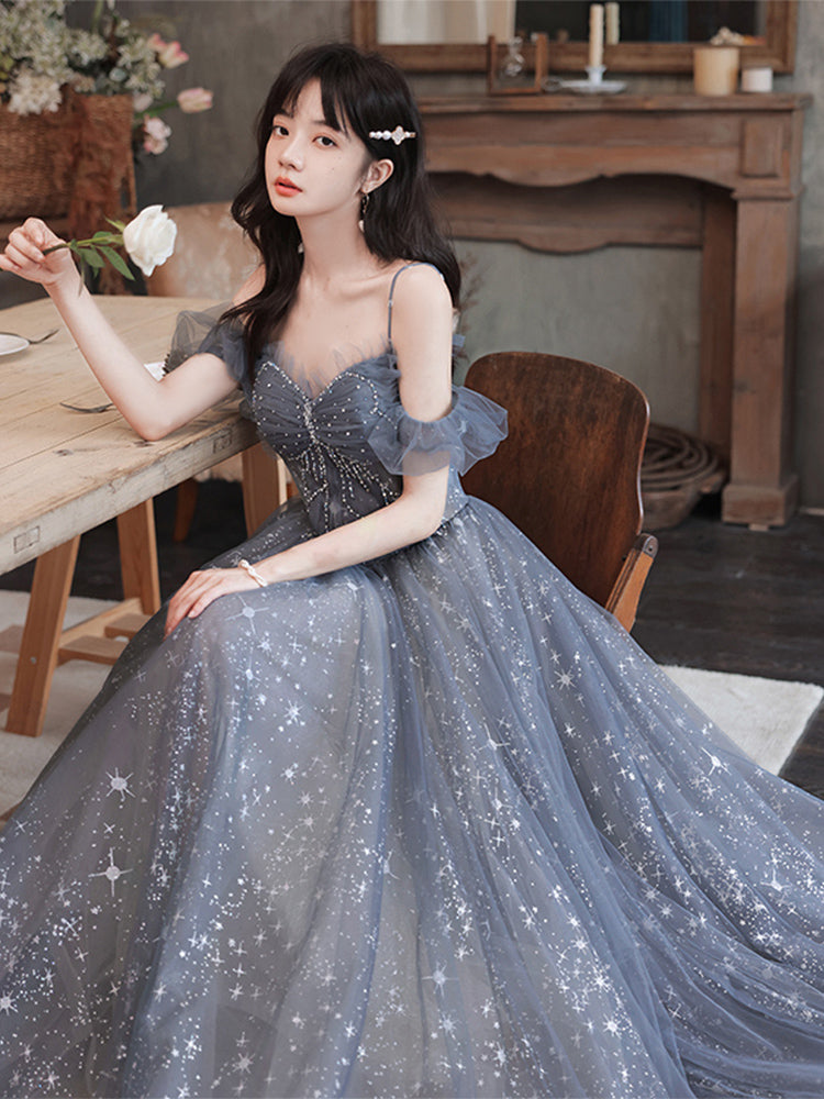 Crystal Beaded Off-shoulder Ruby Red Japanese A-line Soft Tulle Prom Dress main image 0