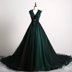 Black and Green Beaded Tulle Long Formal Dress with Open Back, Long Prom Dress
