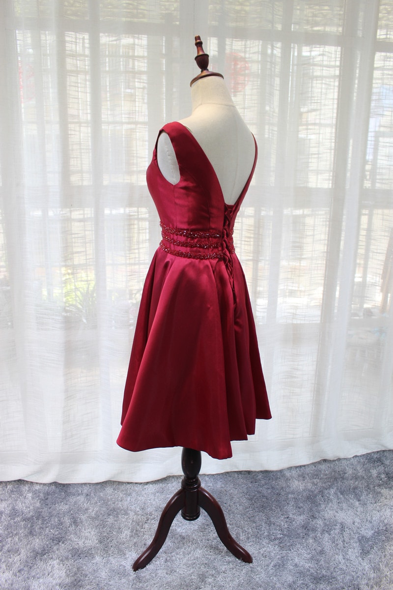 Beautiful Dark Red Satin V-neckline Party Dress, Charming Short Homecoming Dress