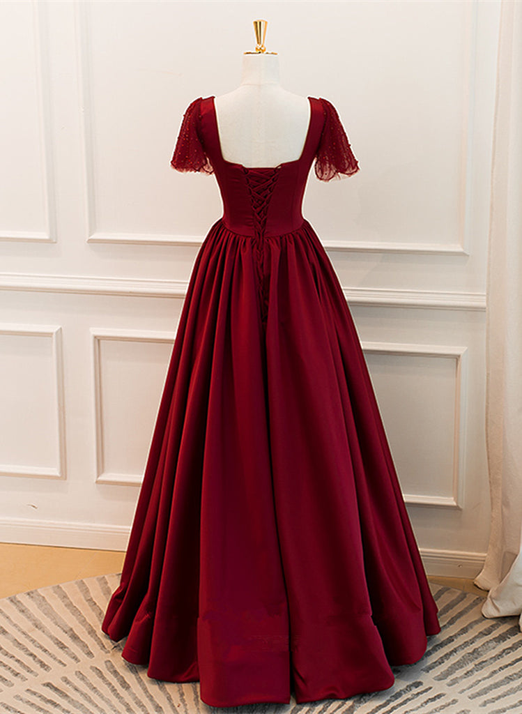Wine Red Satin V-neckline Floor Length Party Dress, Wine Red Satin Prom Dress