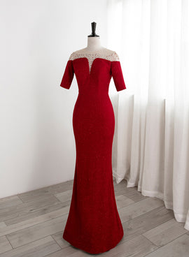 Red Mermaid Round Neckline Short Sleeves Party Dress, Red Evening Gown