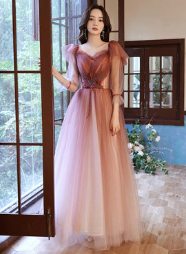 Pink Gradient Tulle A-line Puffy Sleeves Party Dress, Pink Long Prom Dress