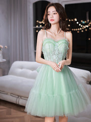 Light Green Sweetheart Tulle Beaded Straps Homecoming Dress, Green Prom Dress