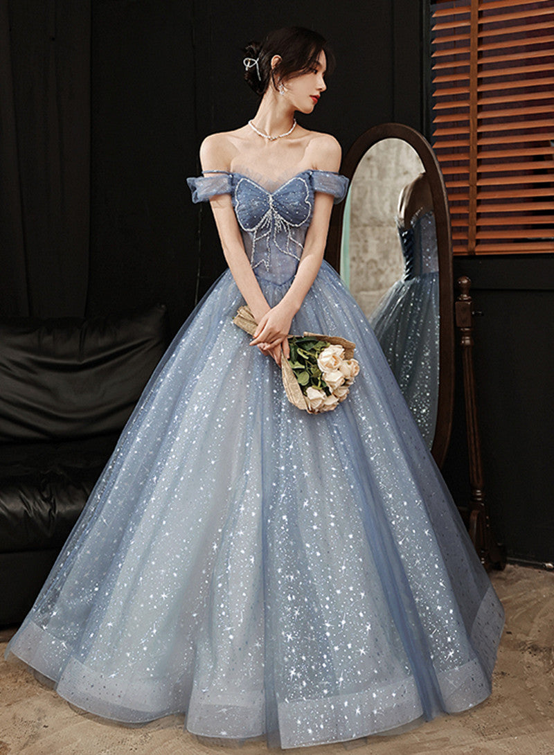 Blue Tulle Sweetheart Beaded Long Formal Evening Dress, A-line Tulle Party Dresses