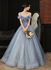 Blue Tulle Sweetheart Beaded Long Formal Evening Dress, A-line Tulle Party Dresses