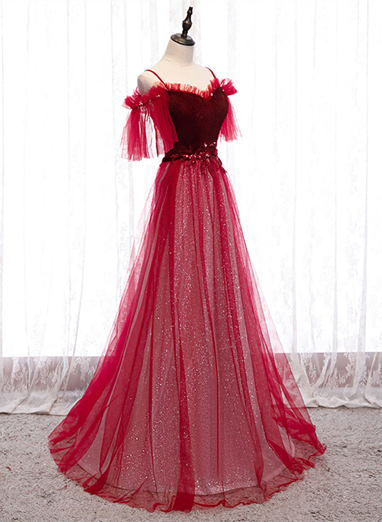 Red A-line Floor Length Off Shoulder Long Prom Dress, Red Long Evening