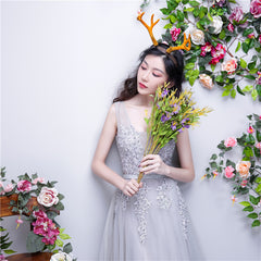 Light Grey Lace Appique Long V-neckline Party Dress, A-line Tulle Prom Dress Bridesmaid Dress