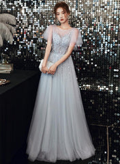 Beautiful Sliver Grey Tulle Beaded Cap Sleeves Formal Dress, A-line Long Prom Dress