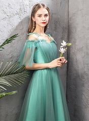 A-line Tulle Blue Floor Length Party Dress, Simple Prom Dress Long Wedding Party Dress